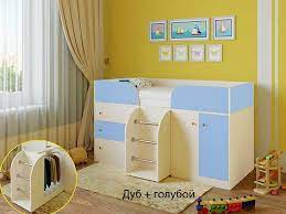 Кровать-чердак Малыш-4 Дуб молочный/Голубой в Стрелке - strelka.mebel54.com | фото