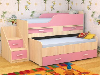 Кровать детская Лесики двухместная 1.8  Дуб молочный/Розовый в Стрелке - strelka.mebel54.com | фото