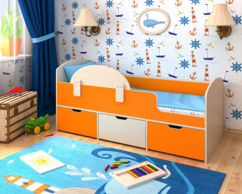 Кровать Малыш-мини с бортиком Дуб молочный/Оранжевый в Стрелке - strelka.mebel54.com | фото