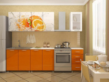Кухонный гарнитур 1,6м Апельсин (Белый/Оранжевый металлик/Фотопечать апельсин) в Стрелке - strelka.mebel54.com | фото